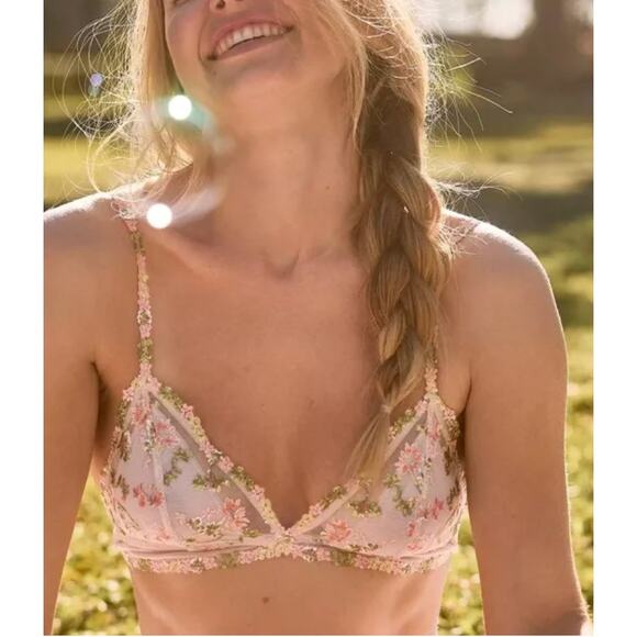 Aerie Women Medium Sandalwood Green Floral Lace Bralette Embroidery Mesh Unlined - Picture 3 of 9